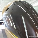 Heck einer Formula 40 PC Motoryacht bei der Effektlack Bootslackierung in der Lackierkabine Bootswerft Baumgart in Dortmund