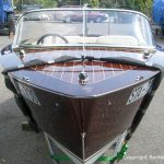 Bug eines Boesch Junior Motorboots nach der Restauration auf dem Werftgelände der Bootswerft Baumgart in Dortmund